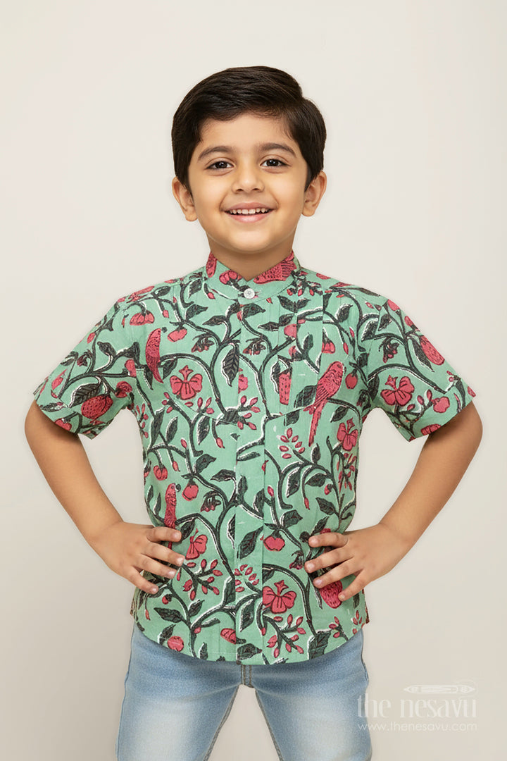 The Nesavu Boys Cotton Shirt Parrot and Botanical Print Boys Cotton Shirt Natureinspired Green Casual Wear Nesavu 16 (1Y) / Green BS276A-16 Nesavu Nature Inspired Green Cotton Shirt Boys Parrot Leaf Print Design Summer Days