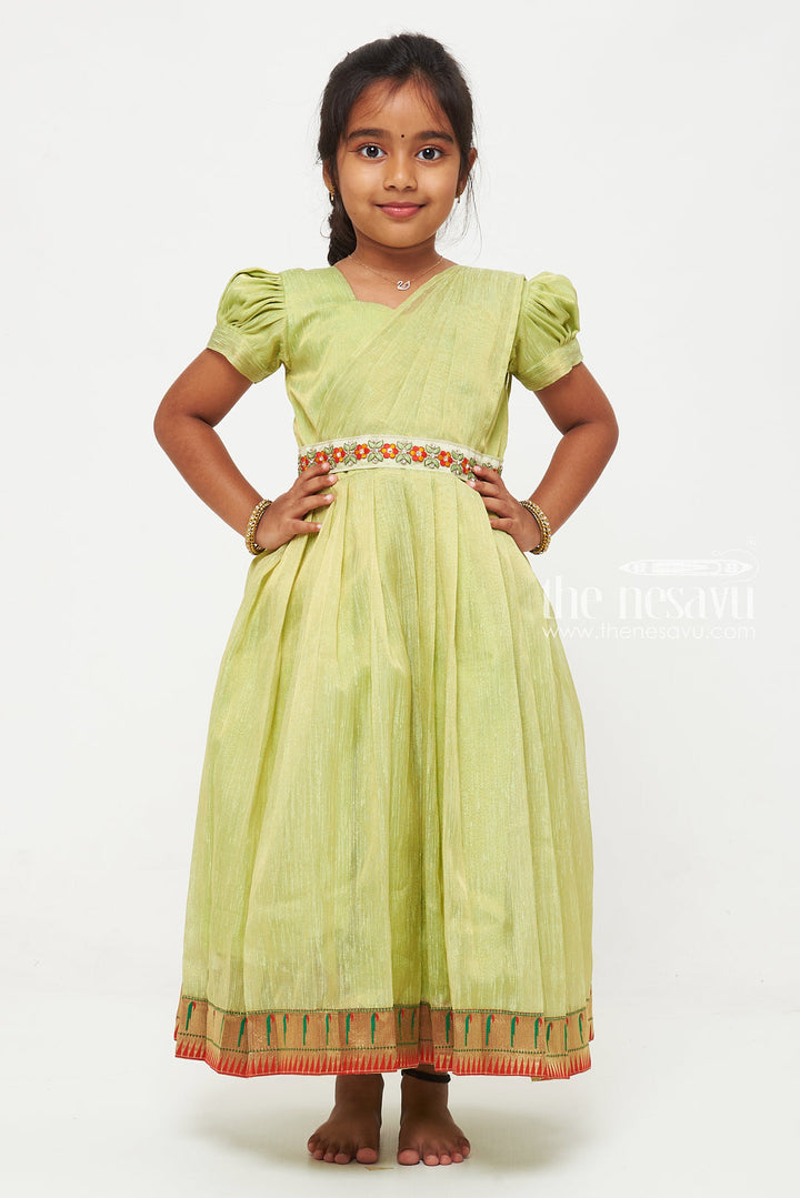 The Nesavu Girls Silk Gown Parrot Green Tissue Fabric Saree Gown for Girls with Embroidered Hip Belt Nesavu