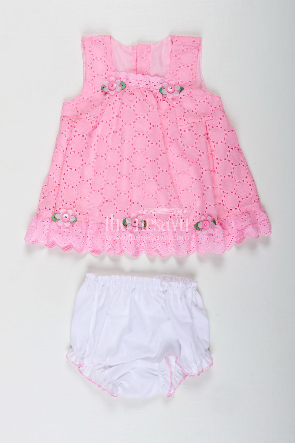 The Nesavu Baby Cotton Frocks Party Cotton Dress for Girls Hakoba Bloomer Set Nesavu 12 (3M) / Pink BFJ815B-12 Nesavu Pink Cotton Embroidered Party Frock Girls Floral Trim Matching Bloomer