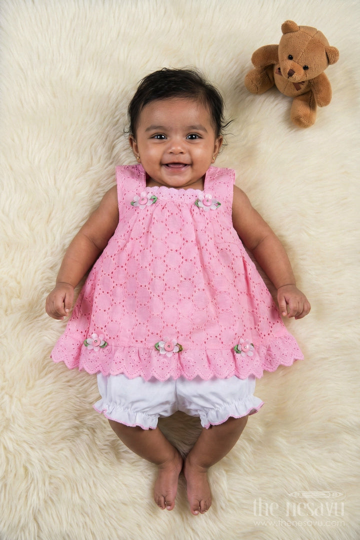 The Nesavu Baby Cotton Frocks Party Cotton Dress for Girls Hakoba Bloomer Set Nesavu Nesavu Pink Cotton Embroidered Party Frock Girls Floral Trim Matching Bloomer