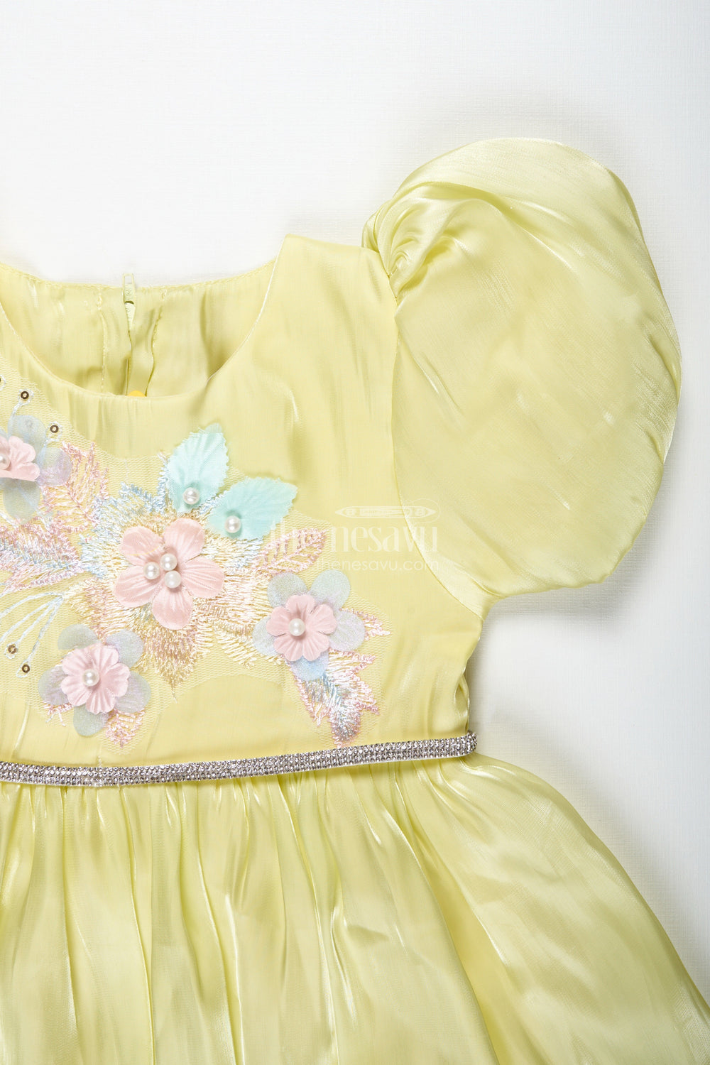 The Nesavu Baby Fancy Frock Party Frock for Baby Girls with Embroidery and Puff Sleeves Nesavu Nesavu Yellow Satin Organza Embroidered Party Frock Baby Girls Floral Embellishments Puff Sleeves