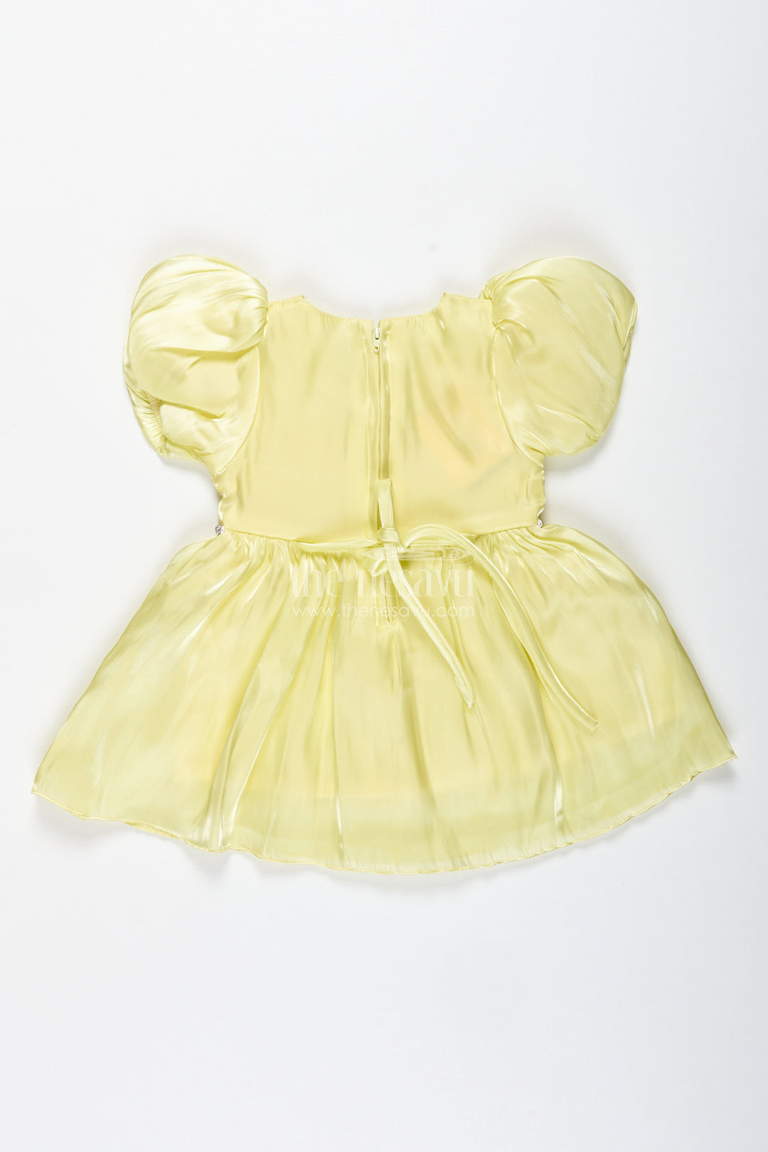The Nesavu Baby Fancy Frock Party Frock for Baby Girls with Embroidery and Puff Sleeves Nesavu Nesavu Yellow Satin Organza Embroidered Party Frock Baby Girls Floral Embellishments Puff Sleeves