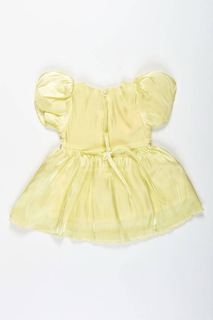 The Nesavu Baby Fancy Frock Party Frock for Baby Girls with Embroidery and Puff Sleeves Nesavu Nesavu Yellow Satin Organza Embroidered Party Frock Baby Girls Floral Embellishments Puff Sleeves