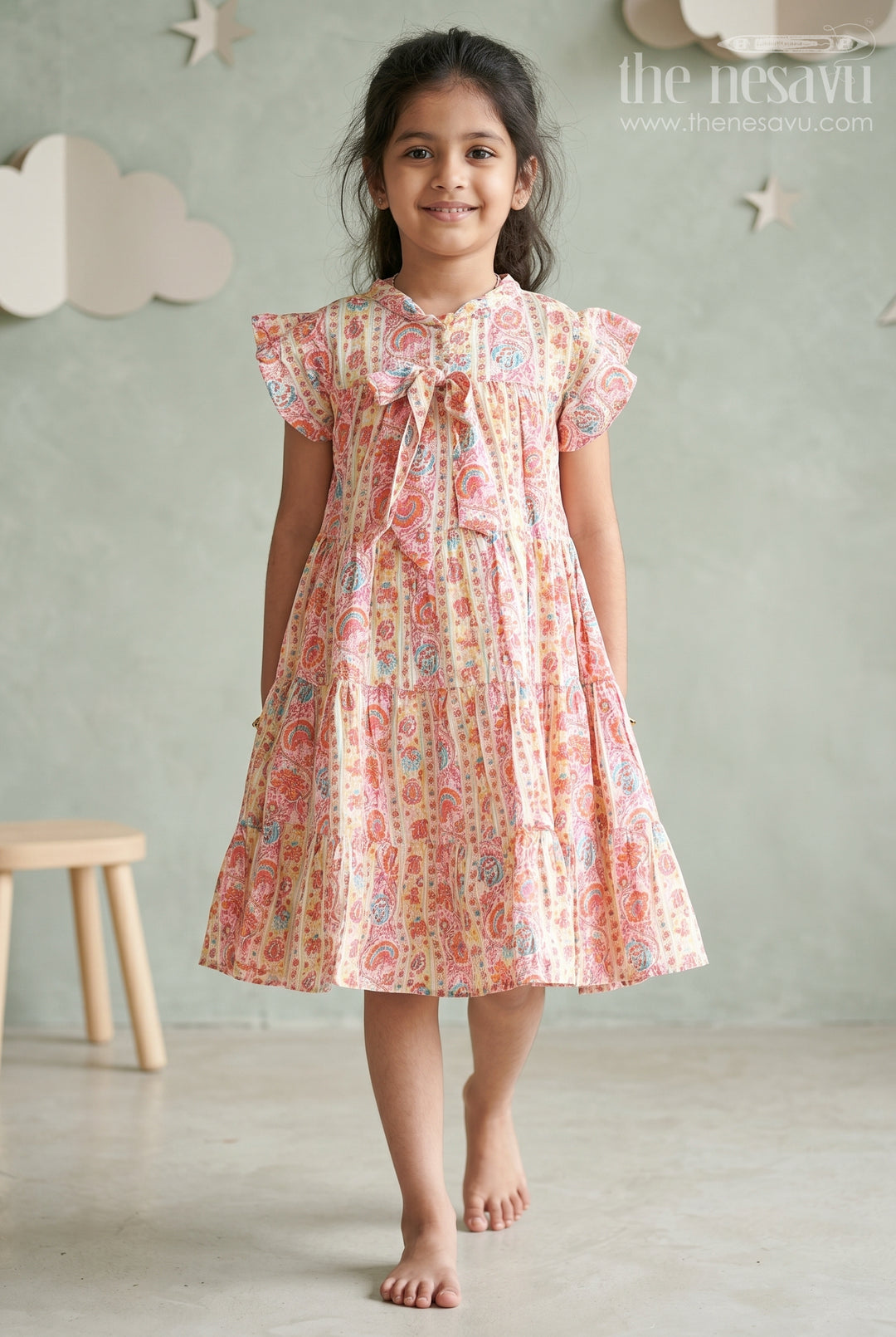 The Nesavu Girls Cotton Frock Party Frock for Toddler Girls in Cotton with Floral Digital Print and Ruffle Detailing Nesavu 18 (2Y) / Peach GFC1702A-18 Party Frock Toddler Girls Cotton Floral Digital Print Ruffled Sleeves | The Nesavu