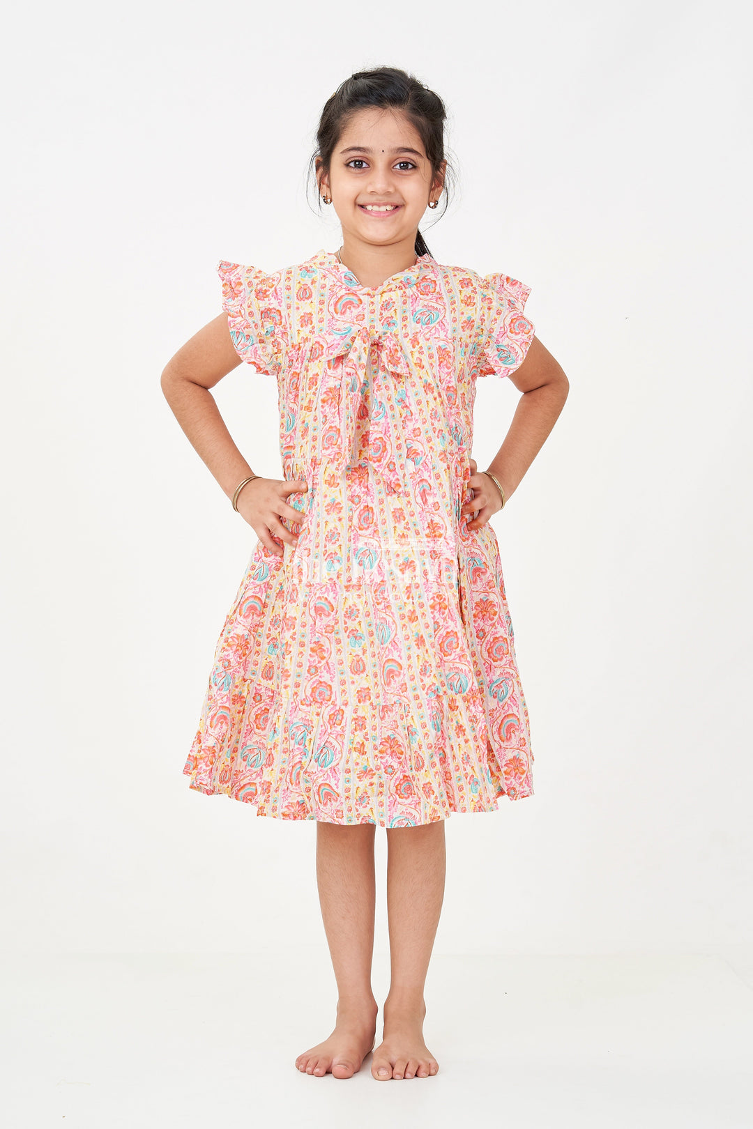 The Nesavu Girls Cotton Frock Party Frock for Toddler Girls in Cotton with Floral Digital Print and Ruffle Detailing Nesavu Party Frock Toddler Girls Cotton Floral Digital Print Ruffled Sleeves | The Nesavu