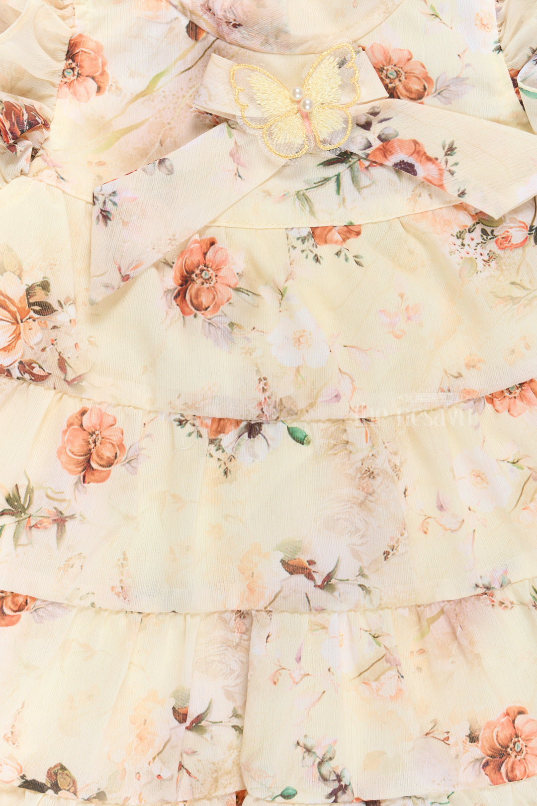 The Nesavu Girls Fancy Frock Party Frocks for Kids in Yellow with Vibrant Floral Prints and Layered Skirt Nesavu Party Frocks Kids Yellow Floral Prints Ruffled Sleeves Layered Skirt | The Nesavu