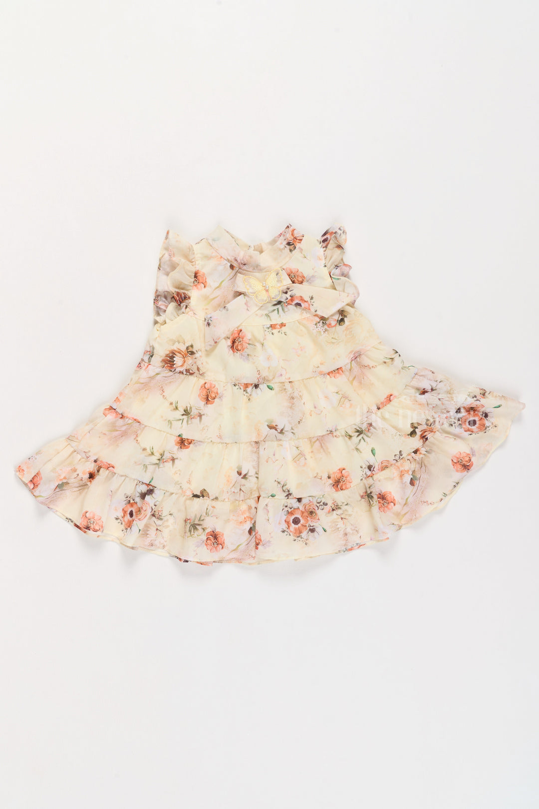 The Nesavu Girls Fancy Frock Party Frocks for Kids in Yellow with Vibrant Floral Prints and Layered Skirt Nesavu Party Frocks Kids Yellow Floral Prints Ruffled Sleeves Layered Skirt | The Nesavu