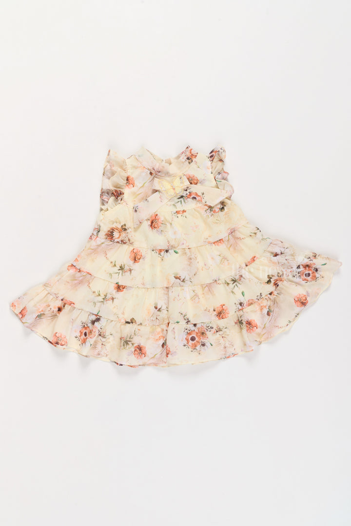 The Nesavu Girls Fancy Frock Party Frocks for Kids in Yellow with Vibrant Floral Prints and Layered Skirt Nesavu Party Frocks Kids Yellow Floral Prints Ruffled Sleeves Layered Skirt | The Nesavu
