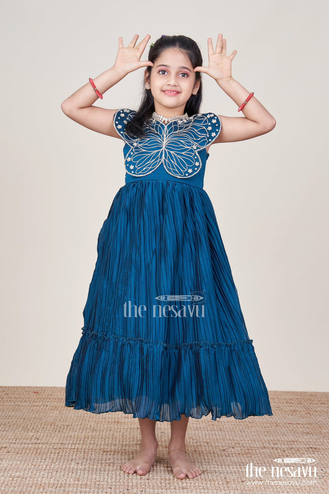 The Nesavu Girls Party Gown Party Gown for Girls with Butterfly Embellishment and Pleated Skirt Nesavu 24 (5Y) / Green GA379B-24 Nesavu pleated party gown girls butterfly detail perfect birthdays celebrations