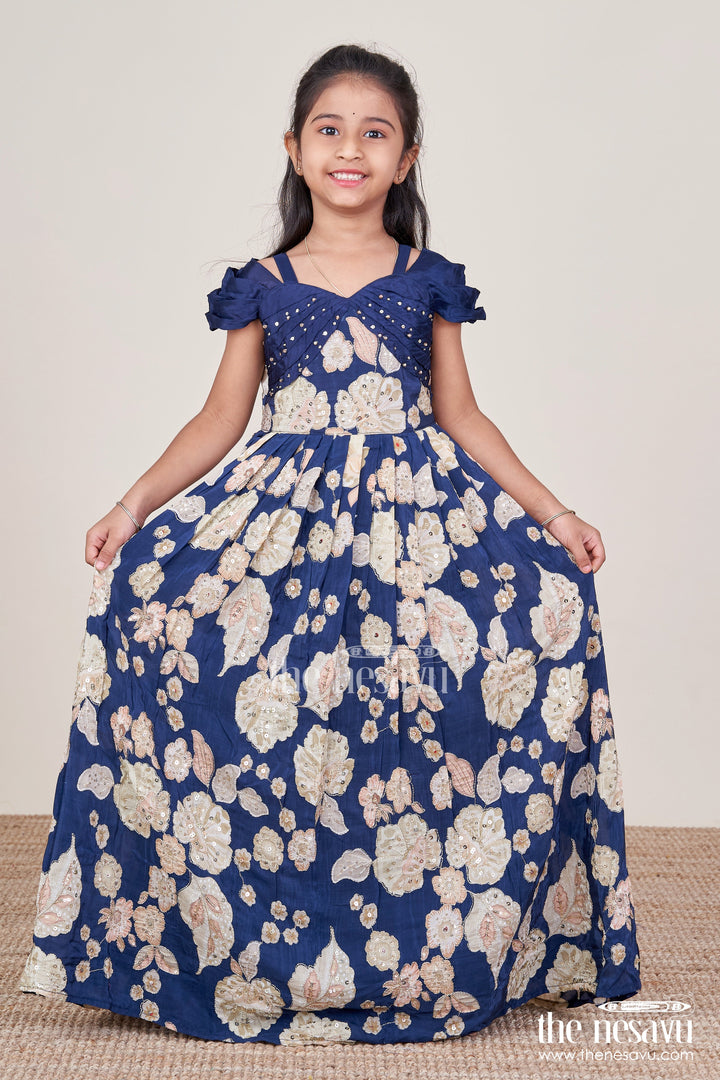 The Nesavu Girls Party Gown Party Gown for Girls with Digital Print and Sequin Work Nesavu 24 (5Y) / Blue GA340A-24 Nesavu party gown girls digital print sequin embroidery birthday festive wear