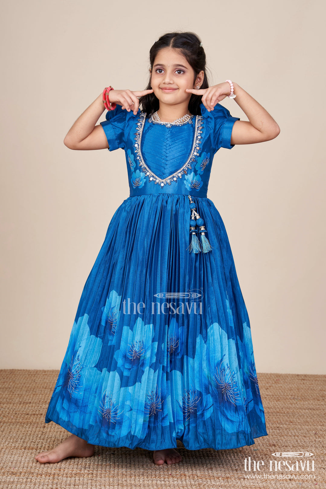 The Nesavu Girls Party Gown Party Gown for Girls with Floral Print and Mirror Work Nesavu 24 (5Y) / Blue GA365A-24 Nesavu party gown girls mirror embroidery floral print  ideal birthdays weddings