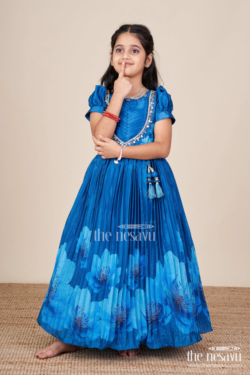 The Nesavu Girls Party Gown Party Gown for Girls with Floral Print and Mirror Work Nesavu Nesavu party gown girls mirror embroidery floral print  ideal birthdays weddings