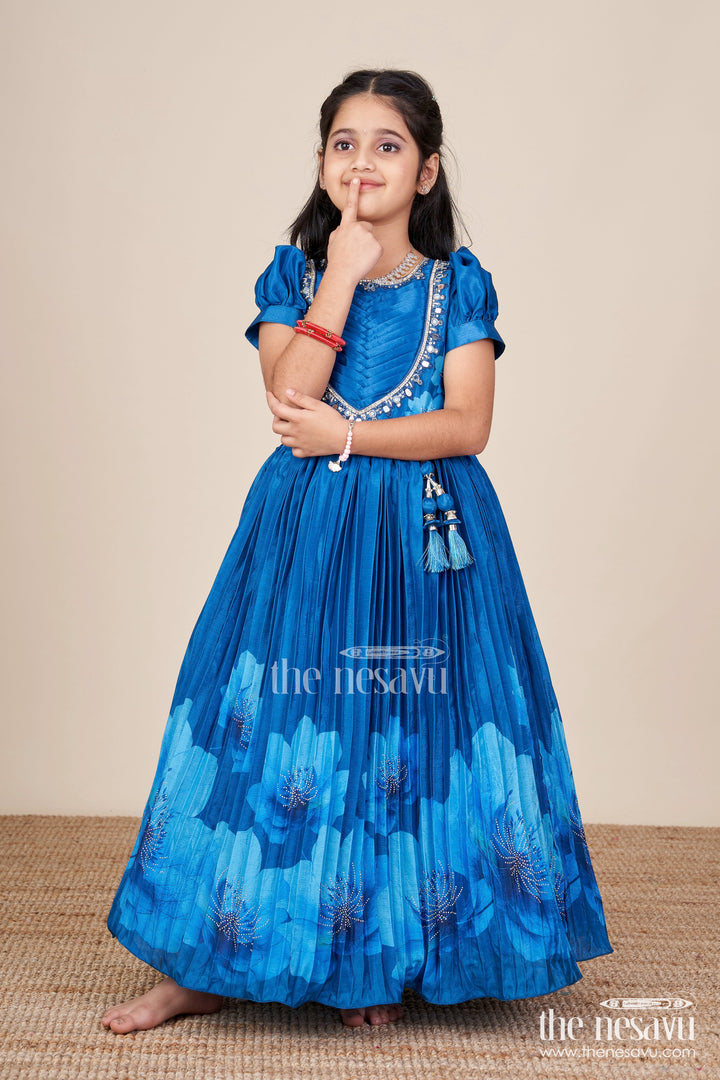 The Nesavu Girls Party Gown Party Gown for Girls with Floral Print and Mirror Work Nesavu Nesavu party gown girls mirror embroidery floral print  ideal birthdays weddings
