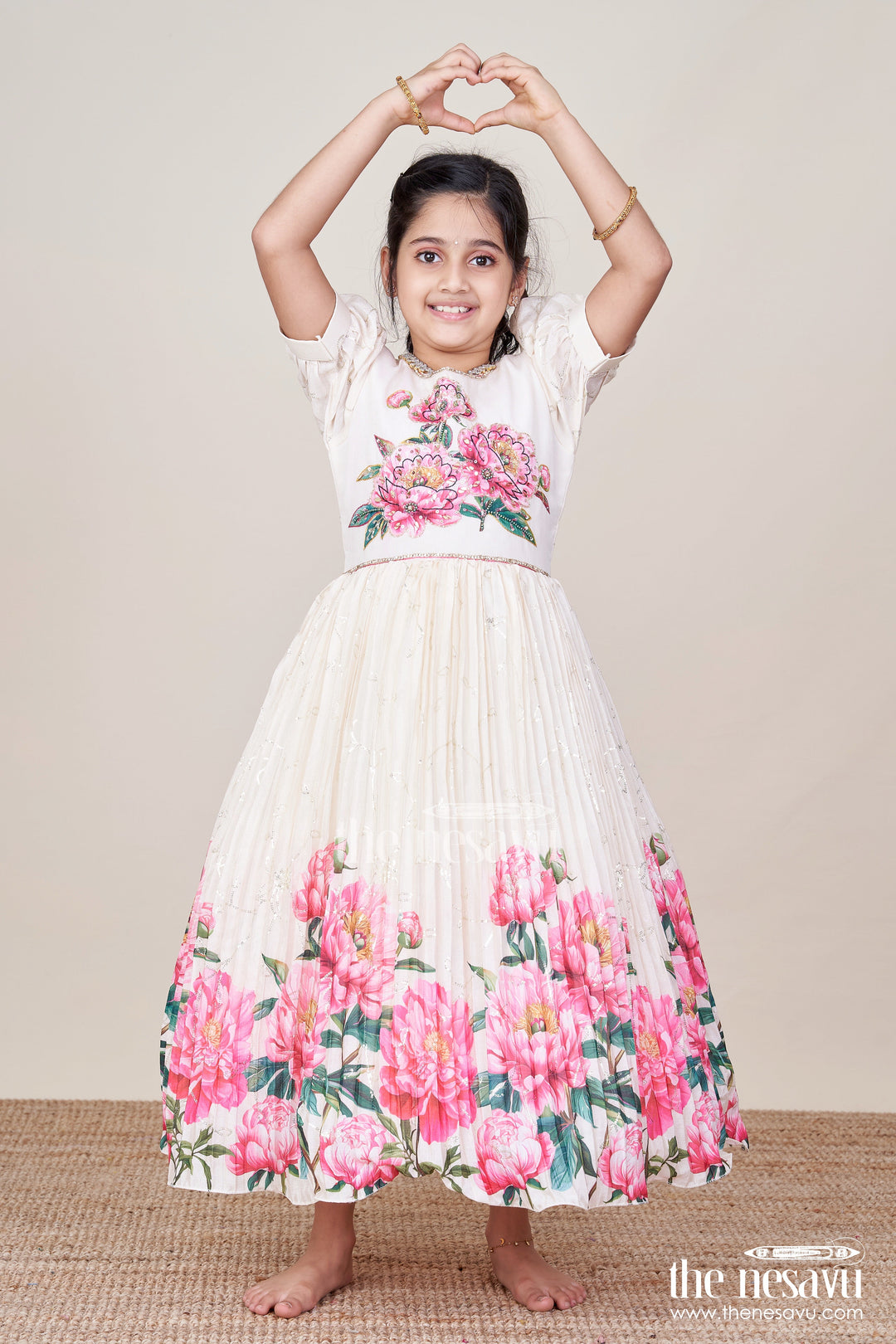 The Nesavu Girls Party Gown Party Gown for Girls with Floral Print and Puff Sleeves for Birthdays and Events Nesavu 24 (5Y) / Half white GA367A-24 Nesavu girls floral chinon party gown puff sleeves digital print birthdays