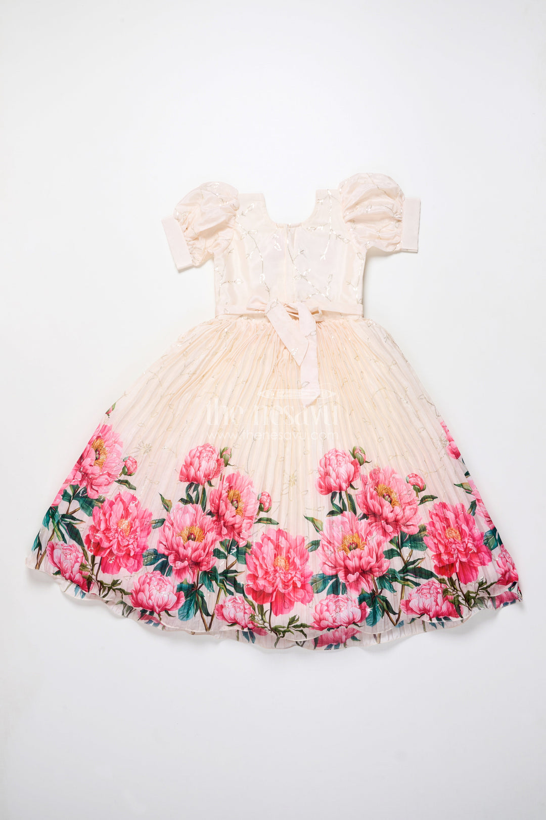 The Nesavu Girls Party Gown Party Gown for Girls with Floral Print and Puff Sleeves for Birthdays and Events Nesavu Nesavu girls floral chinon party gown puff sleeves digital print birthdays