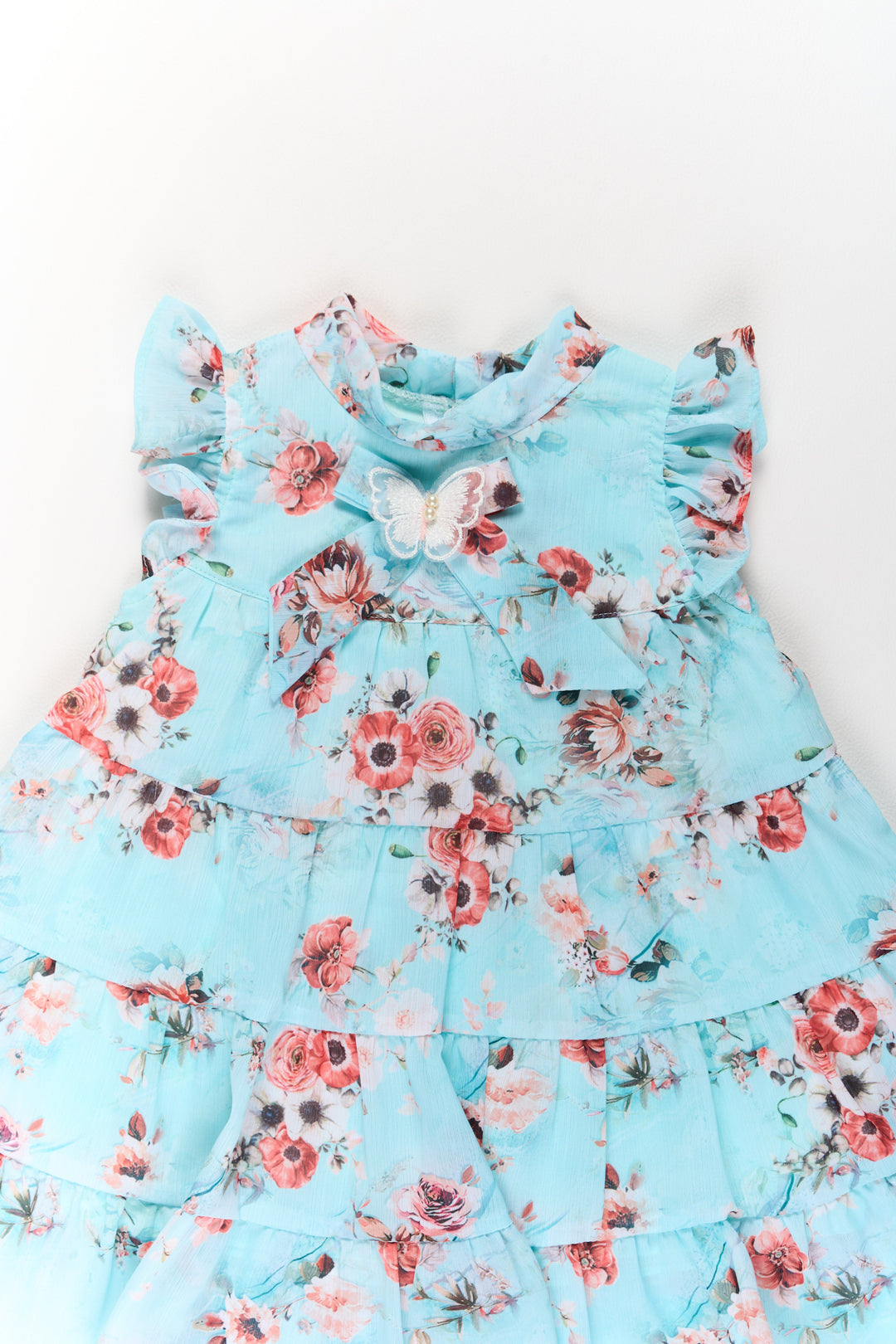 The Nesavu Girls Fancy Frock Party Wear Frock Dress for Girls in Aqua Blue with Tiered Design Nesavu Party Wear Frock Dress Girls Aqua Blue Tiered Ruffles Butterfly Detail | The Nesavu
