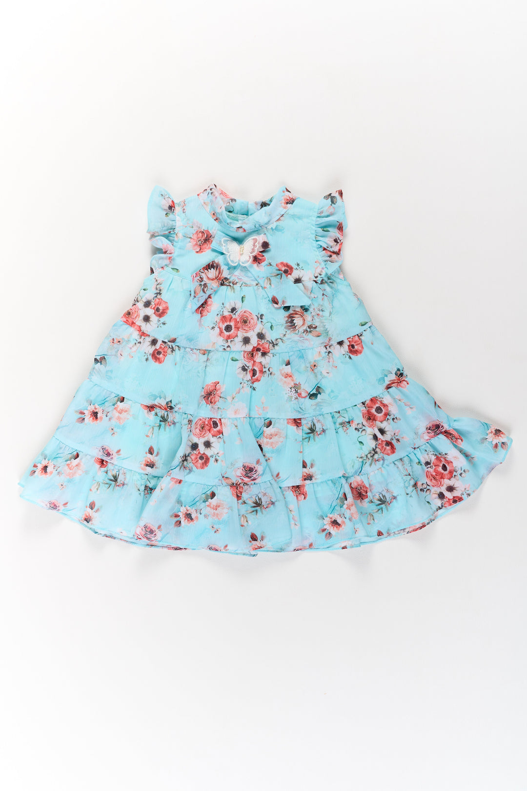 The Nesavu Girls Fancy Frock Party Wear Frock Dress for Girls in Aqua Blue with Tiered Design Nesavu Party Wear Frock Dress Girls Aqua Blue Tiered Ruffles Butterfly Detail | The Nesavu
