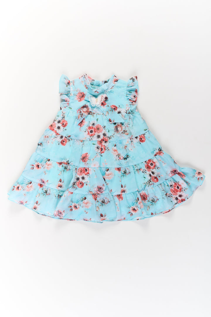 The Nesavu Girls Fancy Frock Party Wear Frock Dress for Girls in Aqua Blue with Tiered Design Nesavu Party Wear Frock Dress Girls Aqua Blue Tiered Ruffles Butterfly Detail | The Nesavu