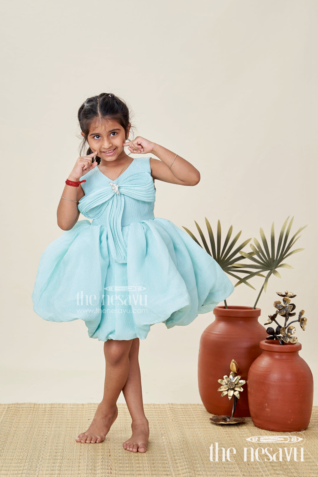 The Nesavu Girls Fancy Party Frock Party Wear Frock for Baby Girls Cute Bow Design and Flare Nesavu 16 (1Y) / Green PF226B-16 Nesavu Sea Green Girls Occasion Frock Crushed Organza Crystal Bow Puff Sleeves