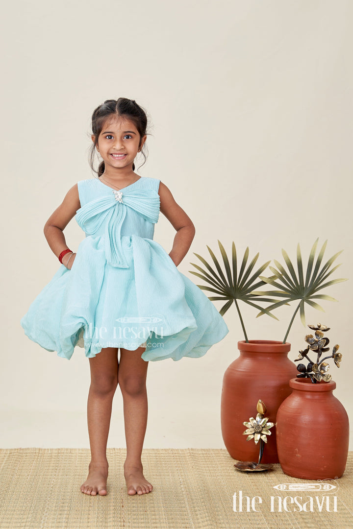 The Nesavu Girls Fancy Party Frock Party Wear Frock for Baby Girls Cute Bow Design and Flare Nesavu Nesavu Sea Green Girls Occasion Frock Crushed Organza Crystal Bow Puff Sleeves
