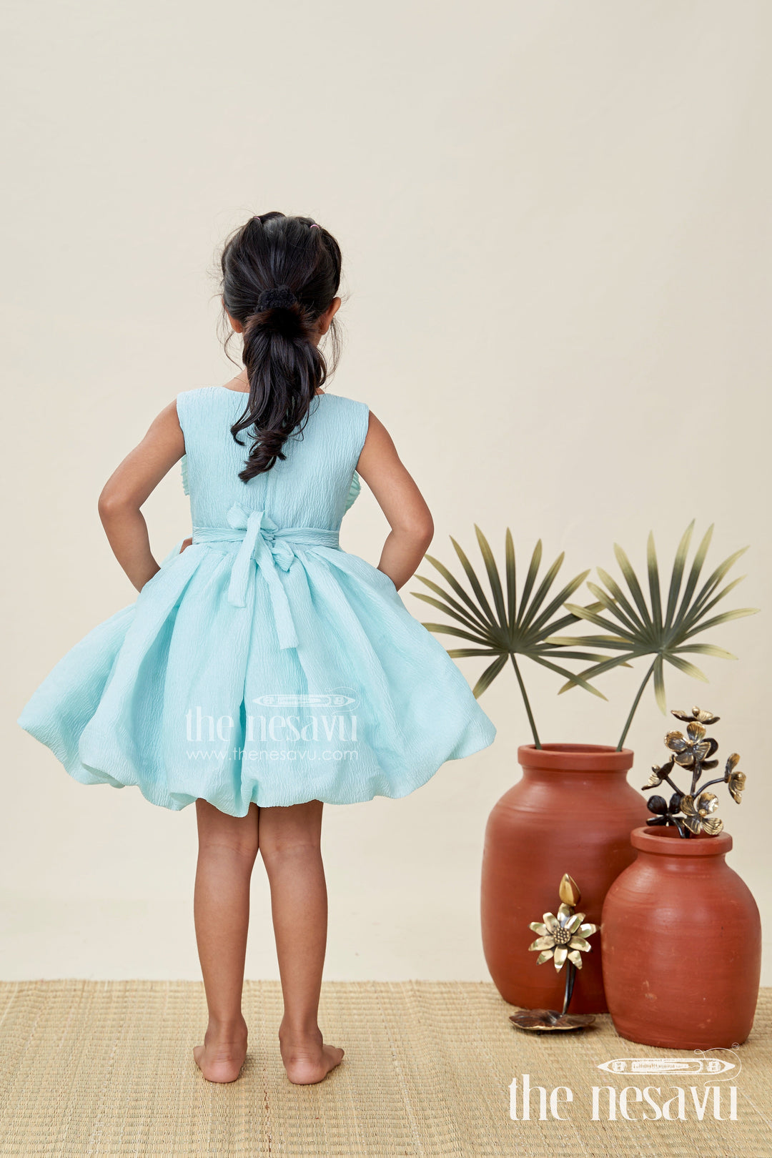 The Nesavu Girls Fancy Party Frock Party Wear Frock for Baby Girls Cute Bow Design and Flare Nesavu Nesavu Sea Green Girls Occasion Frock Crushed Organza Crystal Bow Puff Sleeves