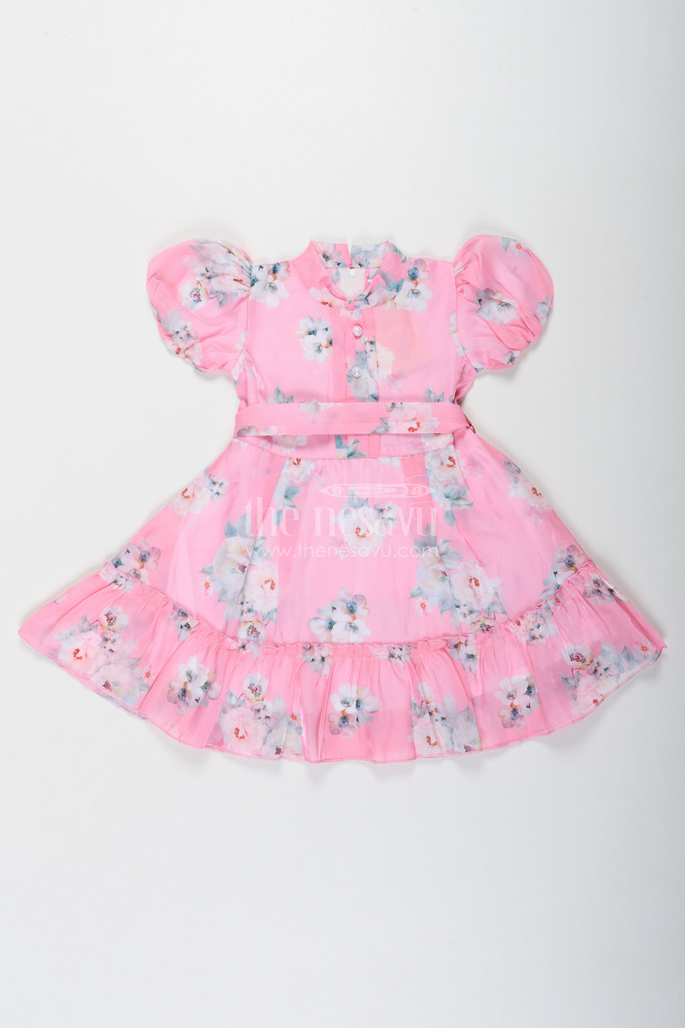 The Nesavu Girls Fancy Frock Party Wear Frock for Kid Girls in Pink Chiffon with Digital Floral Print and Puff Sleeves Nesavu 20 (3Y) / Pink GFC1711A-20 Nesavu Party Wear Frock for Kid Girls in Pink Chiffon with Floral Digital Print and Puff Sleeves