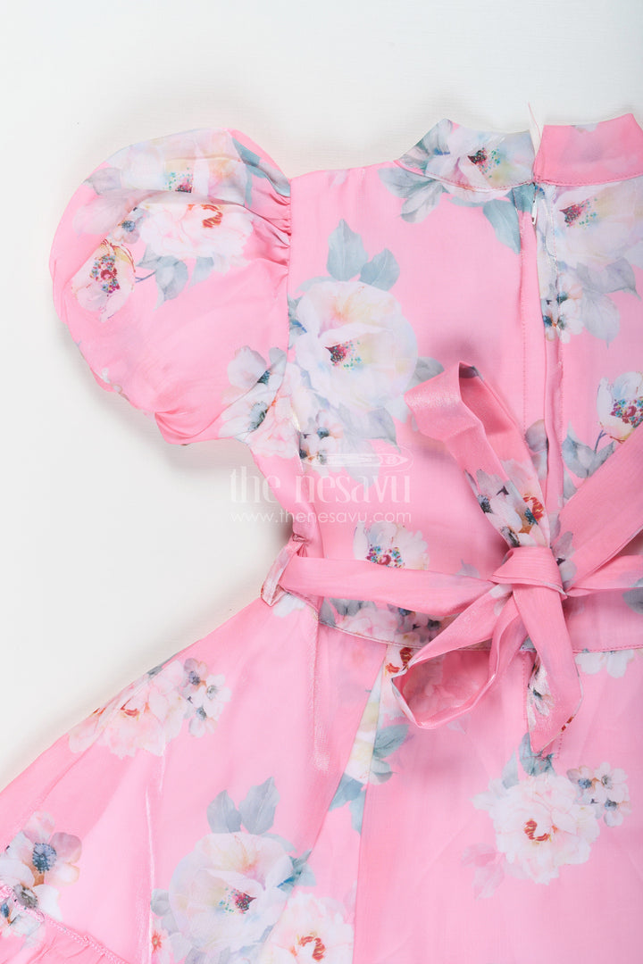 The Nesavu Girls Fancy Frock Party Wear Frock for Kid Girls in Pink Chiffon with Digital Floral Print and Puff Sleeves Nesavu Party Wear Frock for Kid Girls in Pink Chiffon with Floral Digital Print and Puff Sleeves | The Nesavu