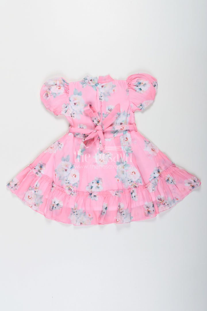 The Nesavu Girls Fancy Frock Party Wear Frock for Kid Girls in Pink Chiffon with Digital Floral Print and Puff Sleeves Nesavu Party Wear Frock for Kid Girls in Pink Chiffon with Floral Digital Print and Puff Sleeves | The Nesavu