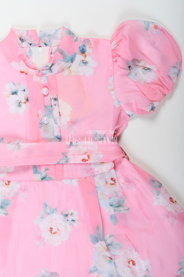 The Nesavu Girls Fancy Frock Party Wear Frock for Kid Girls in Pink Chiffon with Digital Floral Print and Puff Sleeves Nesavu Party Wear Frock for Kid Girls in Pink Chiffon with Floral Digital Print and Puff Sleeves | The Nesavu