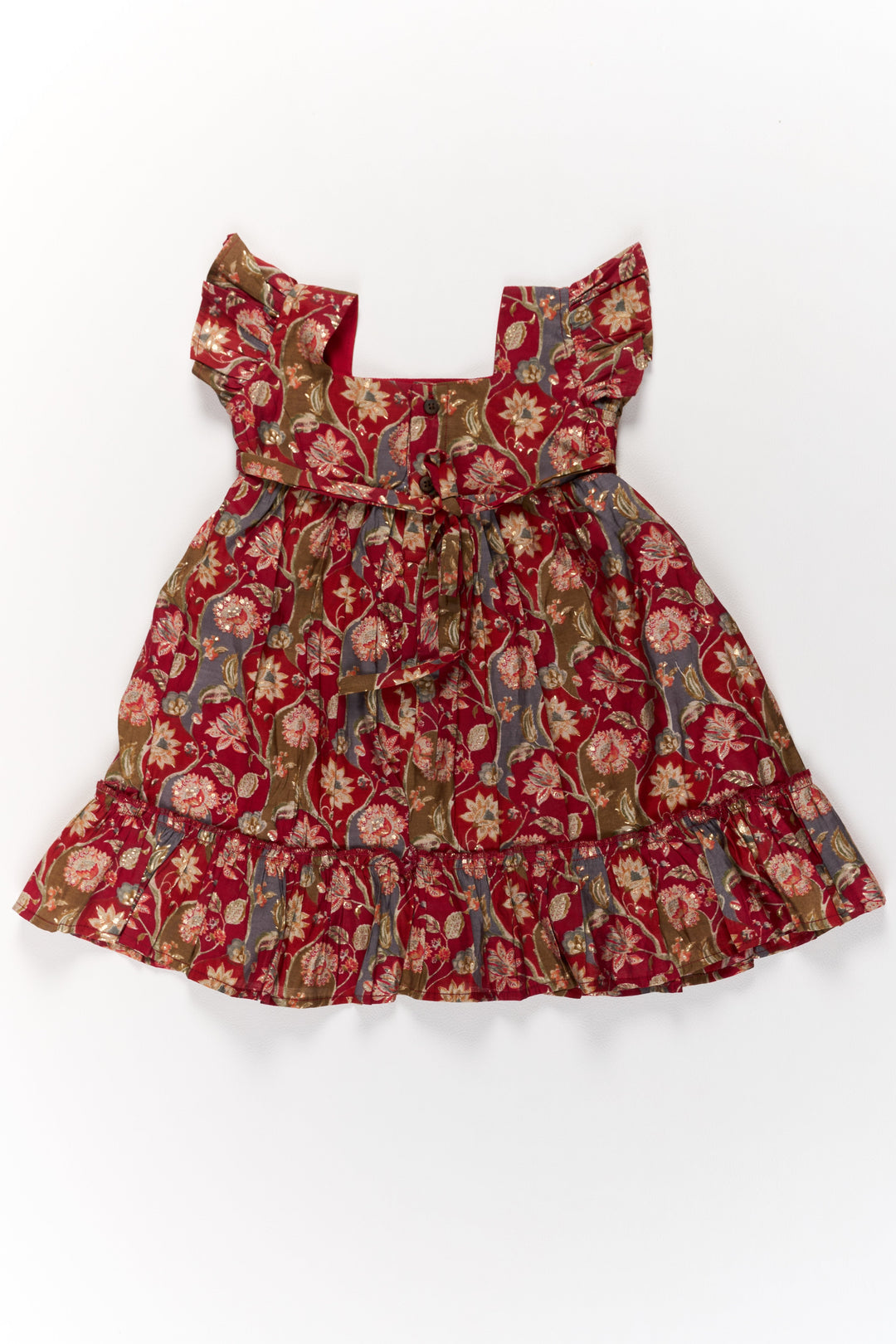 The Nesavu Girls Cotton Frock Party Wear Gown for Girls in Red Floral Print with Ruffled Hem Nesavu Red Floral Party Wear Gown Girls Ruffled Hem Lace Details | The Nesavu