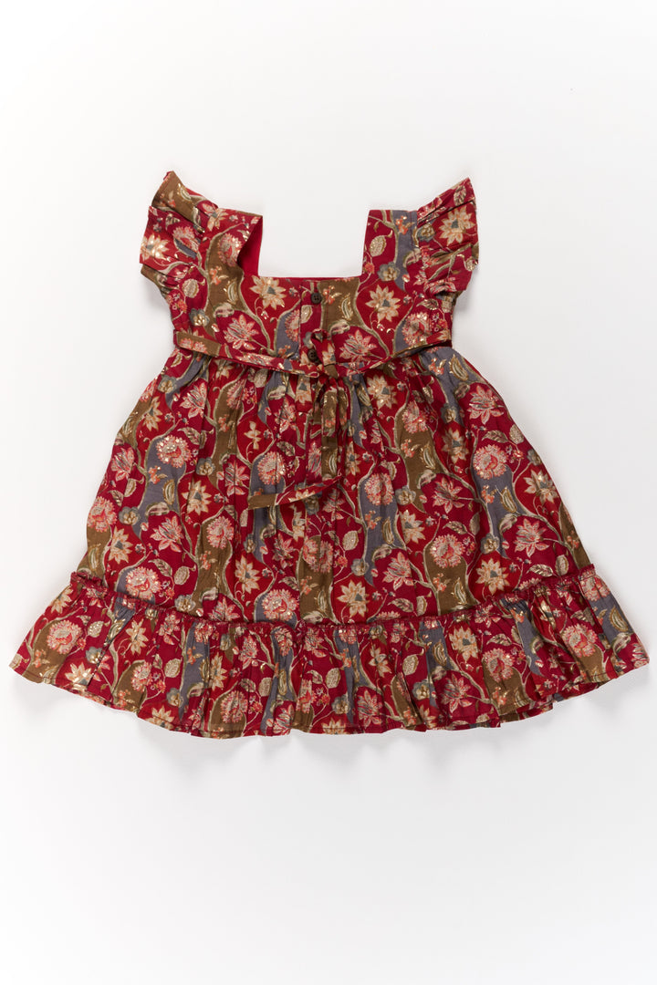 The Nesavu Girls Cotton Frock Party Wear Gown for Girls in Red Floral Print with Ruffled Hem Nesavu Red Floral Party Wear Gown Girls Ruffled Hem Lace Details | The Nesavu