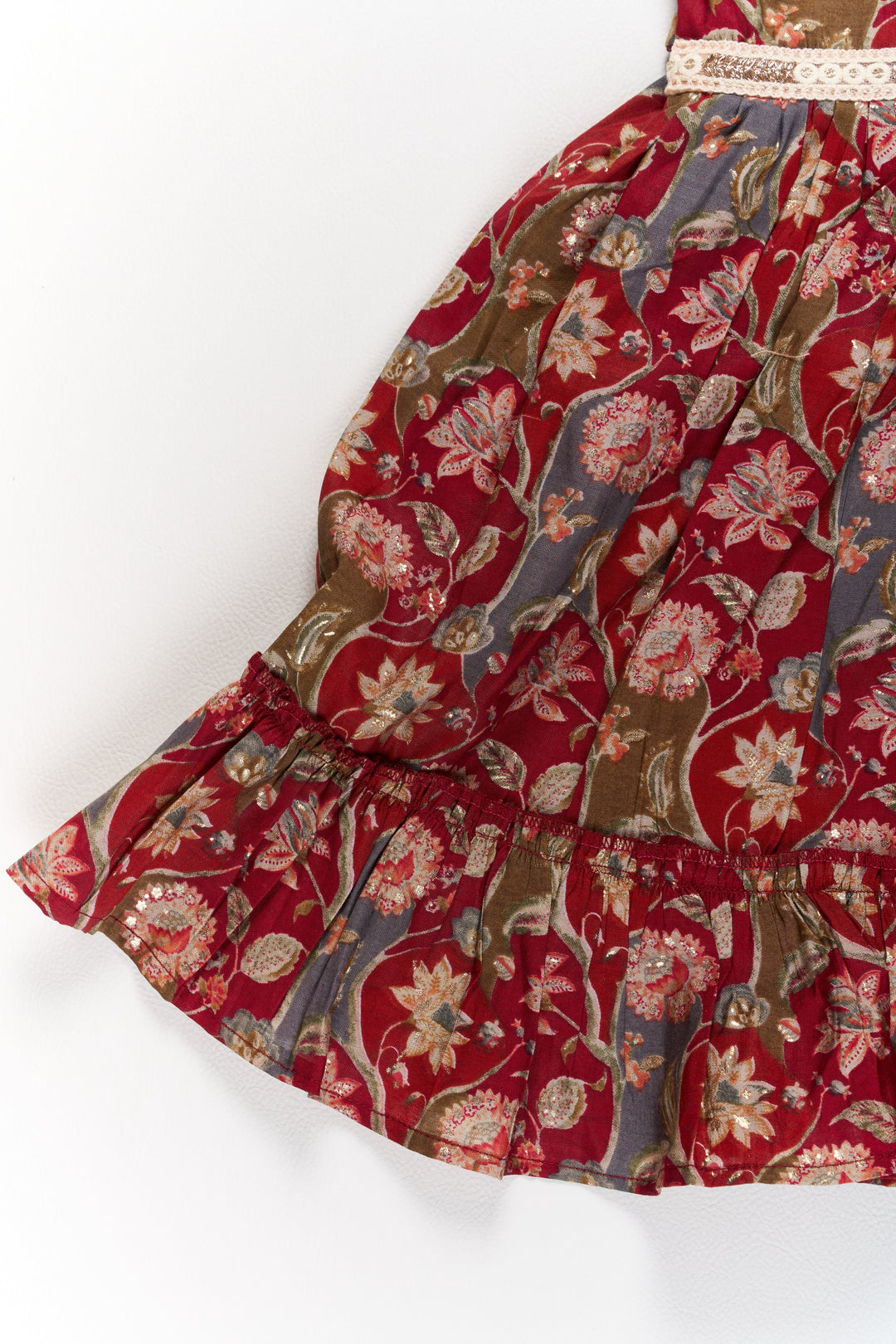 The Nesavu Girls Cotton Frock Party Wear Gown for Girls in Red Floral Print with Ruffled Hem Nesavu Red Floral Party Wear Gown Girls Ruffled Hem Lace Details | The Nesavu