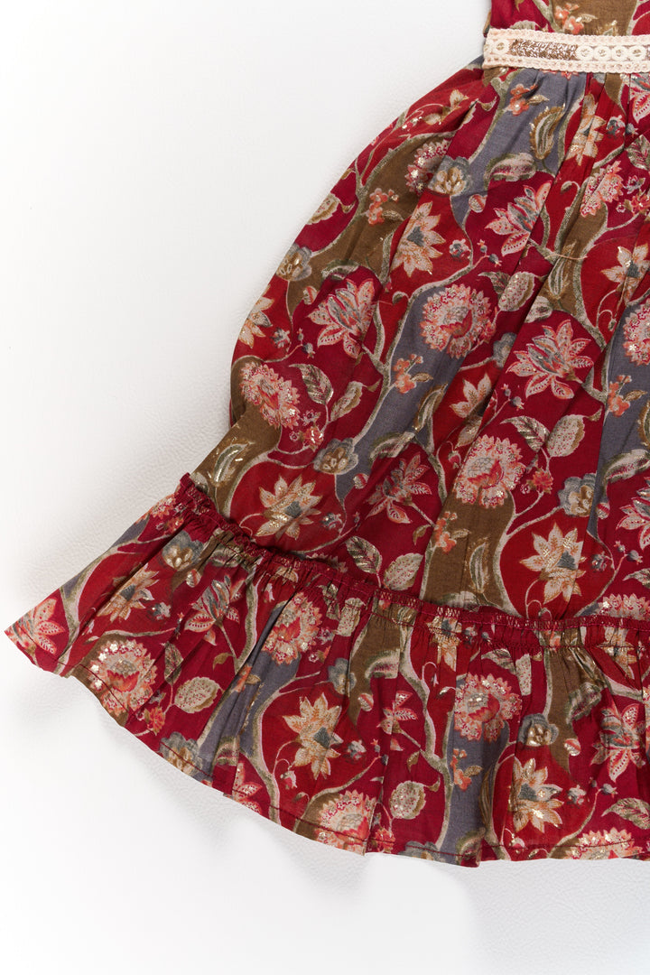 The Nesavu Girls Cotton Frock Party Wear Gown for Girls in Red Floral Print with Ruffled Hem Nesavu Red Floral Party Wear Gown Girls Ruffled Hem Lace Details | The Nesavu