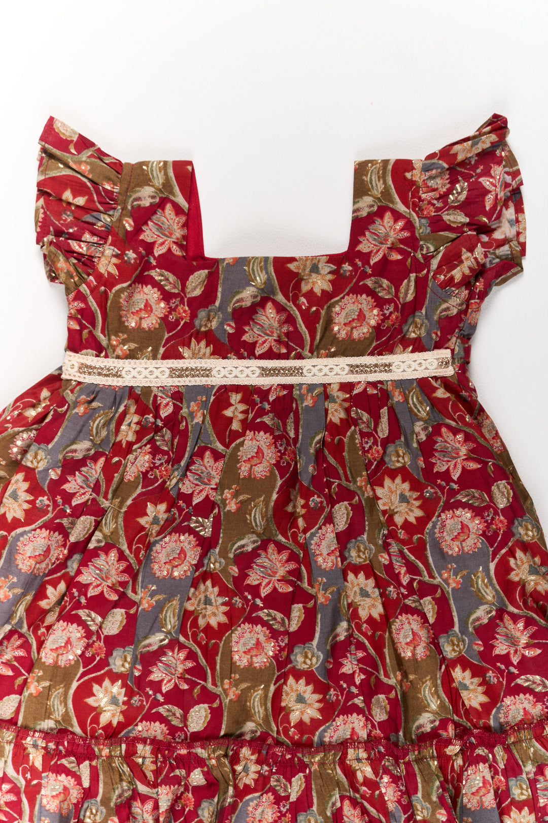 The Nesavu Girls Cotton Frock Party Wear Gown for Girls in Red Floral Print with Ruffled Hem Nesavu Red Floral Party Wear Gown Girls Ruffled Hem Lace Details | The Nesavu