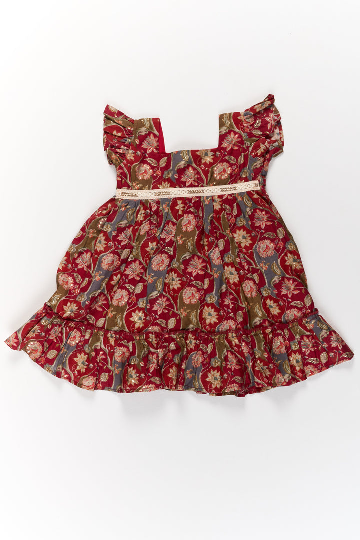 The Nesavu Girls Cotton Frock Party Wear Gown for Girls in Red Floral Print with Ruffled Hem Nesavu Red Floral Party Wear Gown Girls Ruffled Hem Lace Details | The Nesavu