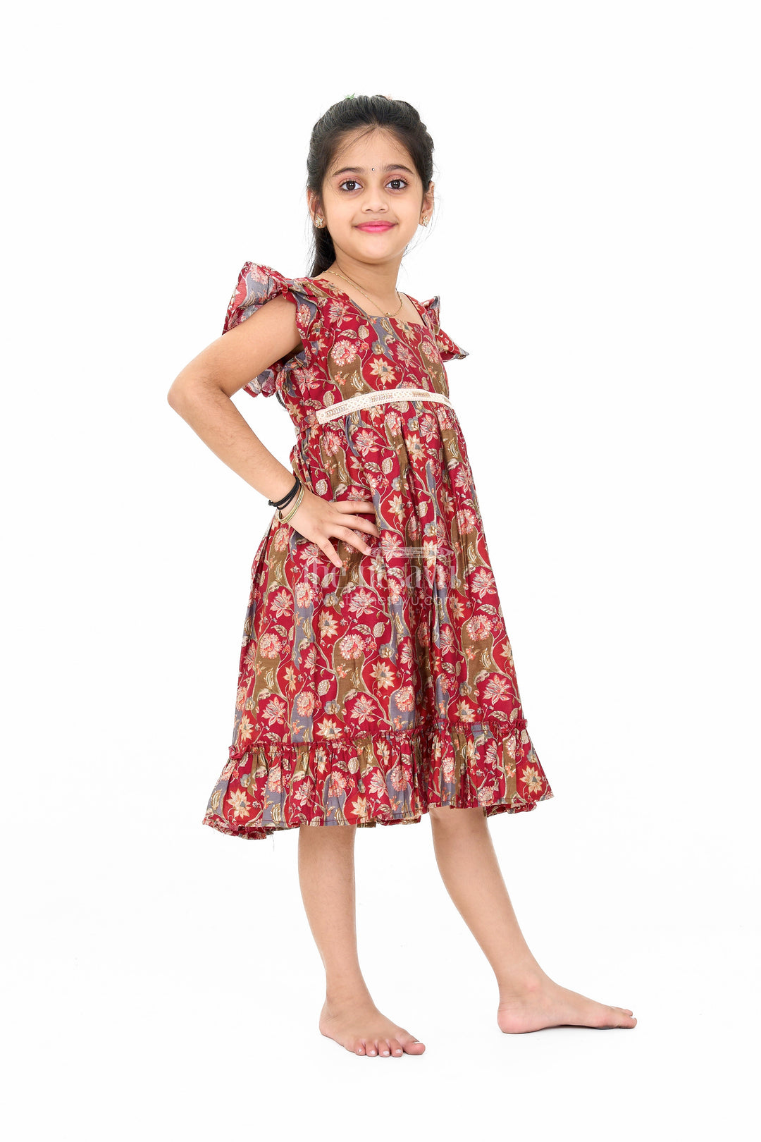 The Nesavu Girls Cotton Frock Party Wear Gown for Girls in Red Floral Print with Ruffled Hem Nesavu Red Floral Party Wear Gown Girls Ruffled Hem Lace Details | The Nesavu
