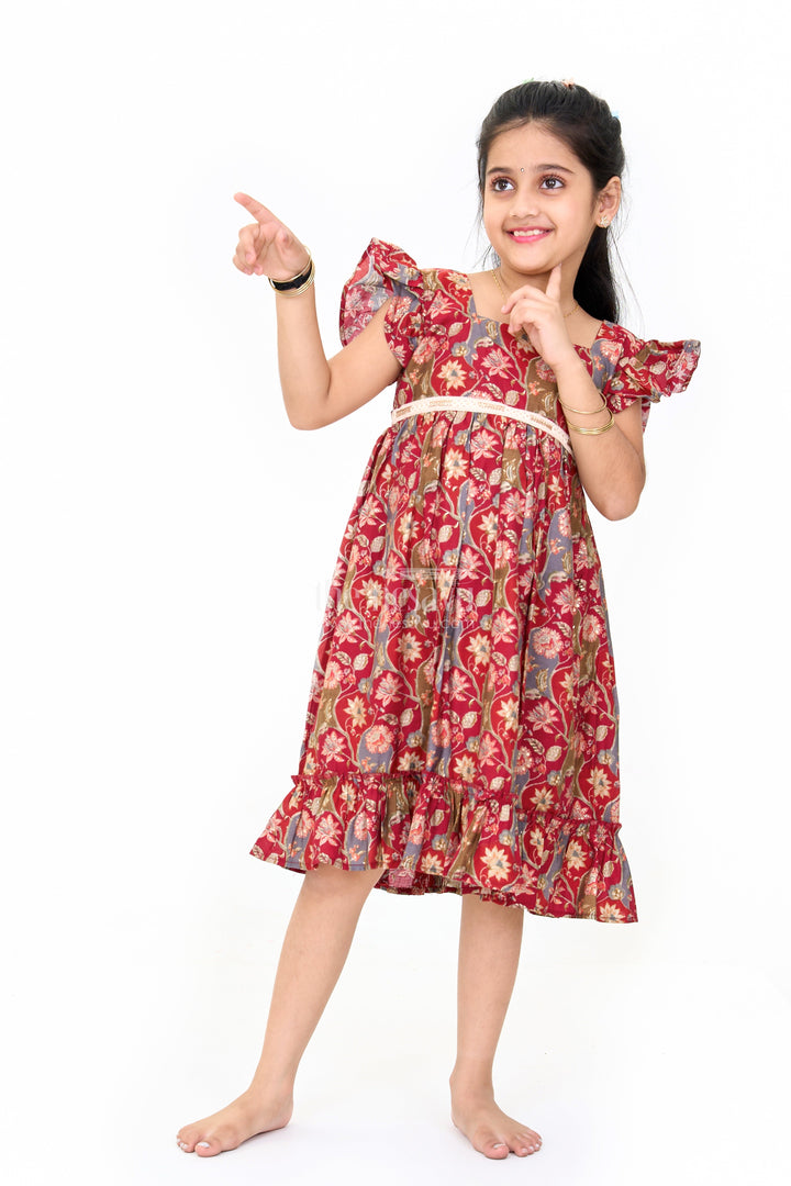 The Nesavu Girls Cotton Frock Party Wear Gown for Girls in Red Floral Print with Ruffled Hem Nesavu Red Floral Party Wear Gown Girls Ruffled Hem Lace Details | The Nesavu
