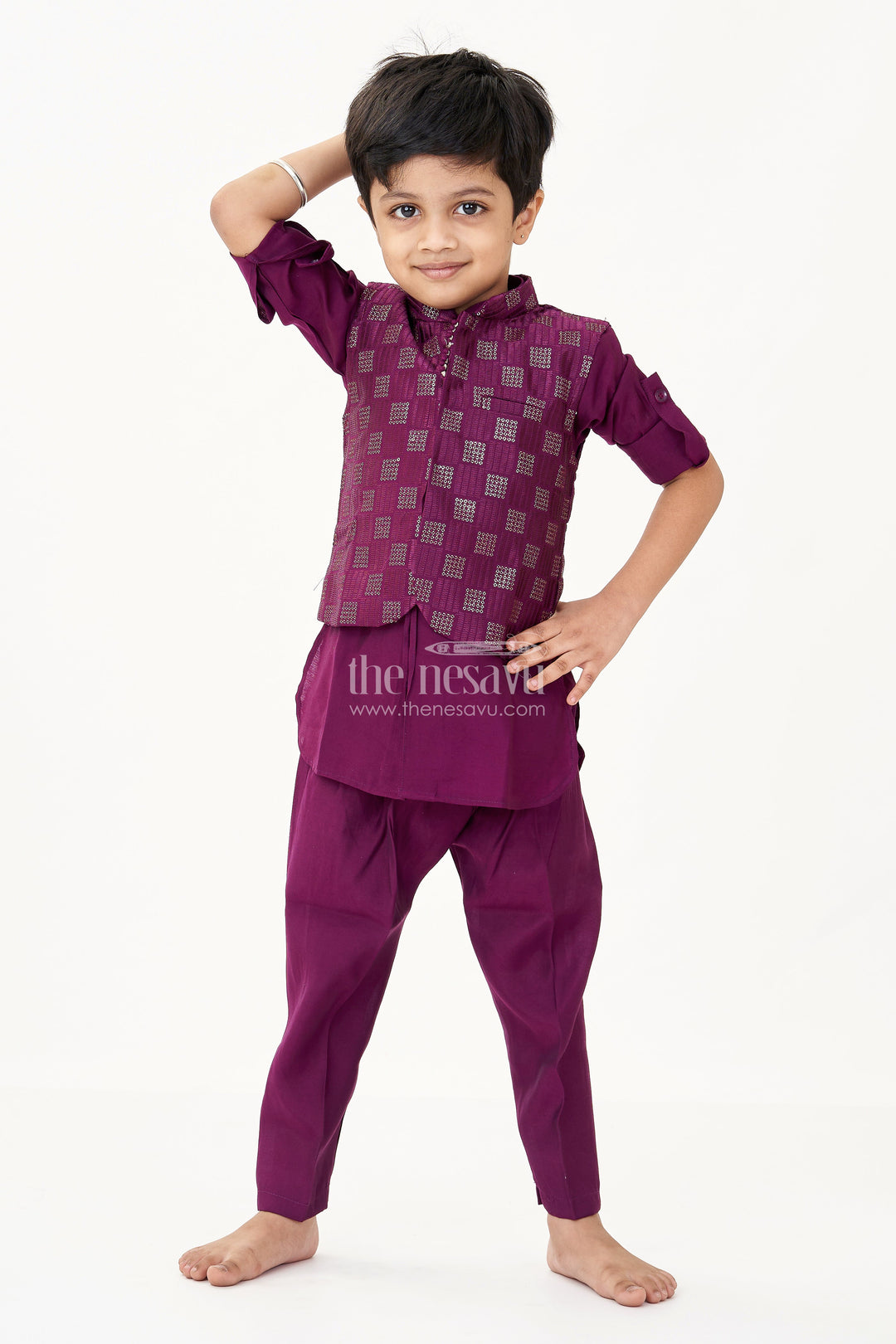 The Nesavu Boys Kurtha Set Party Wear Kurta Dress for Boys in Viscose with Thread Embroidered Jacket and Dhoti Style Pant Nesavu 14 (6M) / Purple BES692A-14 Boys Party Wear Kurta Dress Embroidered Jacket Dhoti Pant Viscose Blend | The Nesavu