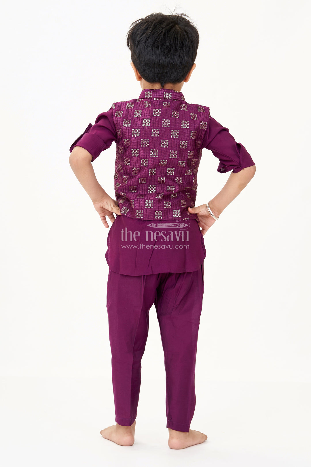 The Nesavu Boys Kurtha Set Party Wear Kurta Dress for Boys in Viscose with Thread Embroidered Jacket and Dhoti Style Pant Nesavu Boys Party Wear Kurta Dress Embroidered Jacket Dhoti Pant Viscose Blend | The Nesavu