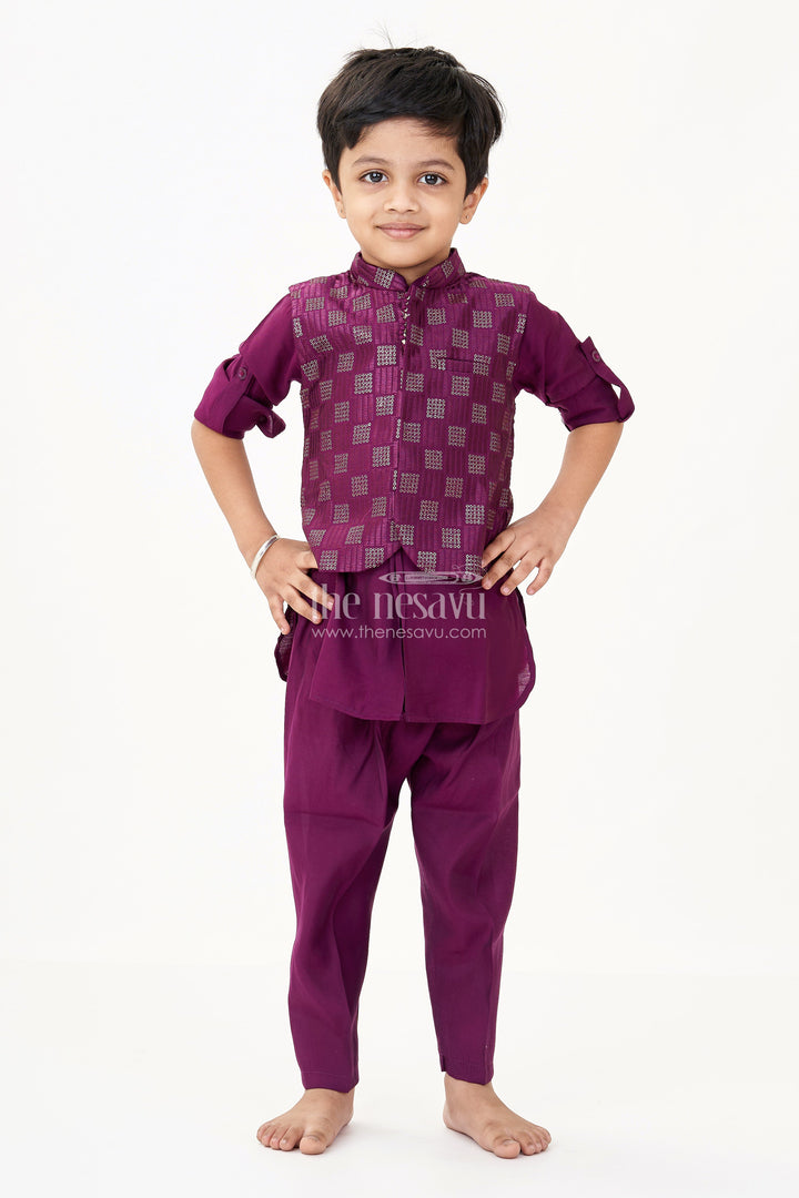The Nesavu Boys Kurtha Set Party Wear Kurta Dress for Boys in Viscose with Thread Embroidered Jacket and Dhoti Style Pant Nesavu Boys Party Wear Kurta Dress Embroidered Jacket Dhoti Pant Viscose Blend | The Nesavu