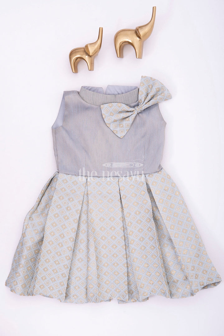 The Nesavu Silk Frock Party Wear Short Dress for Girls with Chinese Collar and Bow Nesavu 14 (6M) / Gray / Style 1 SF903A-14 Nesavu Party Wear Short Dress for Girls - Chinese Collar & Bow Design