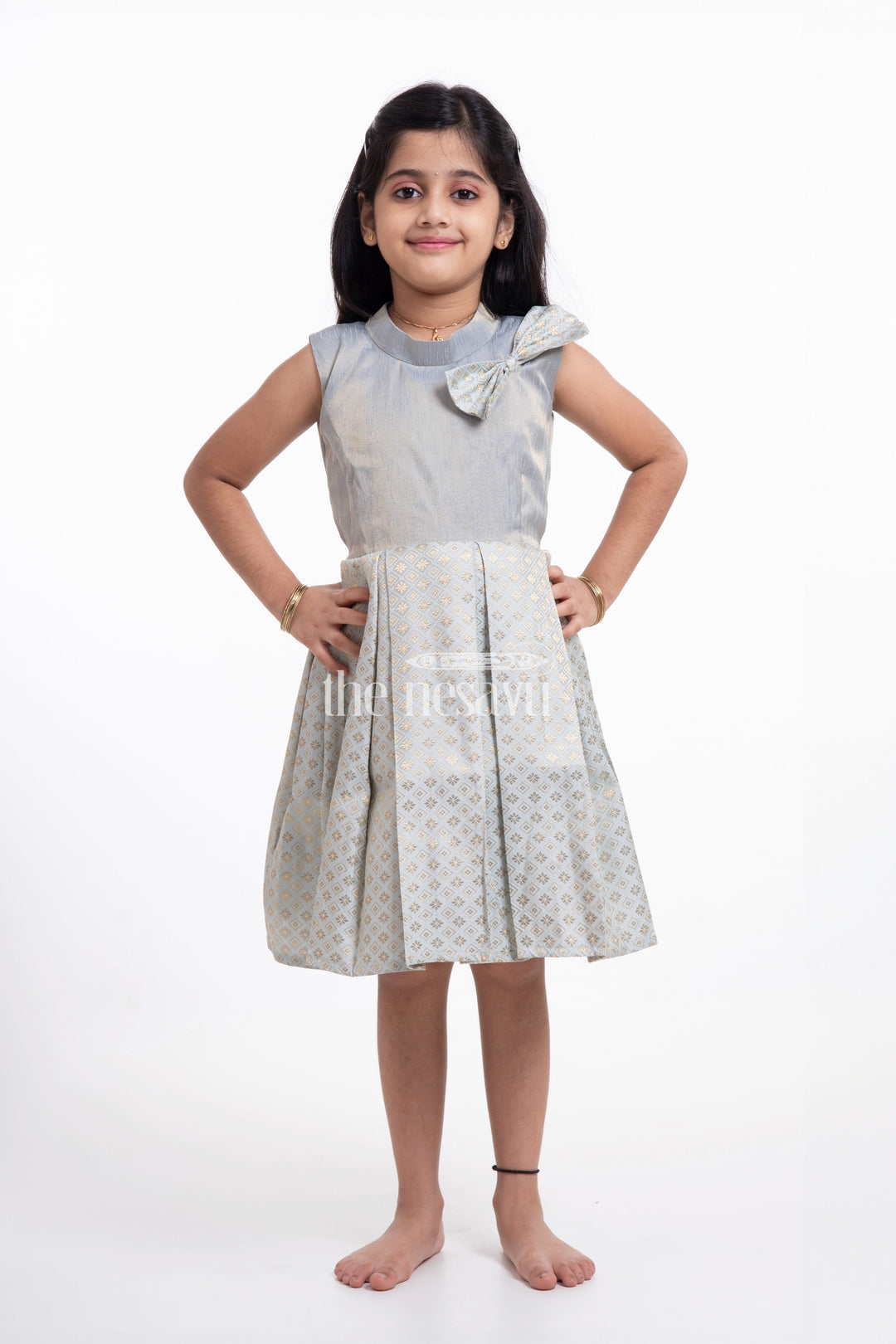 The Nesavu Silk Frock Party Wear Short Dress for Girls with Chinese Collar and Bow Nesavu 14 (6M) / Gray / Style 1 SF903A-14 Nesavu Party Wear Short Dress for Girls - Chinese Collar & Bow Design