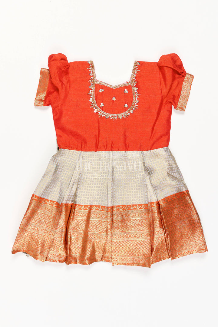 The Nesavu Silk Party Frock Party Wear Silk Frock with Statement Border for Festive Occasions Nesavu 16 (1Y) / Orange / Silk Blend SF1234A-16 Nesavu Party Wear Silk Frock In Orange With Statement Border SF1234A-16