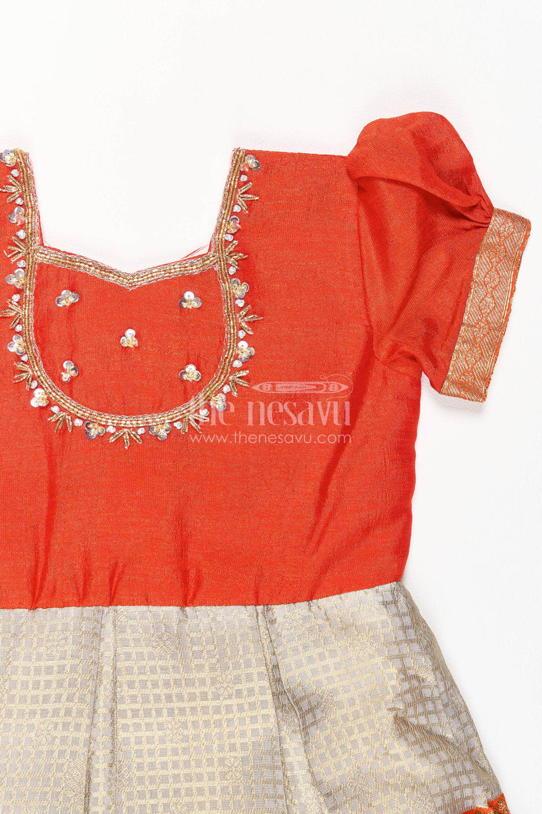 The Nesavu Silk Party Frock Party Wear Silk Frock with Statement Border for Festive Occasions Nesavu Nesavu Party Wear Silk Frock In Orange With Statement Border