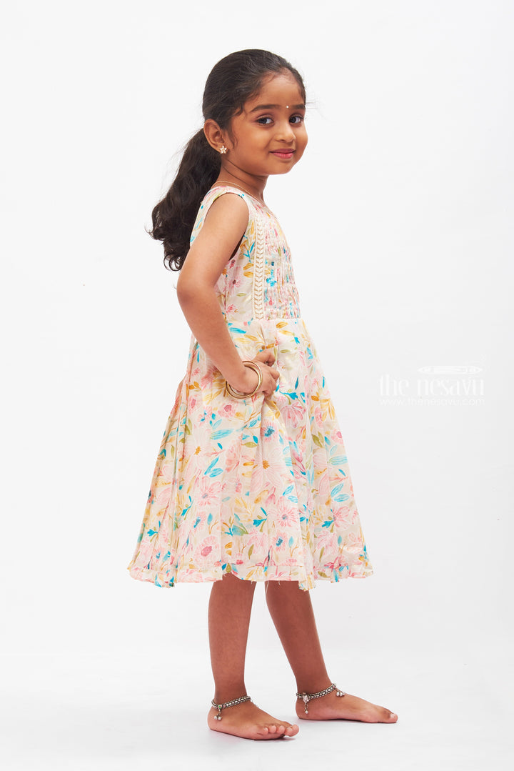 The Nesavu Girls Cotton Frock Pastel Blossom Cotton Dress for Girls: Summer-Ready Floral Delight Nesavu Girls Sleeveless Cotton Floral Dress | Pastel Summer Frock | The Nesavu