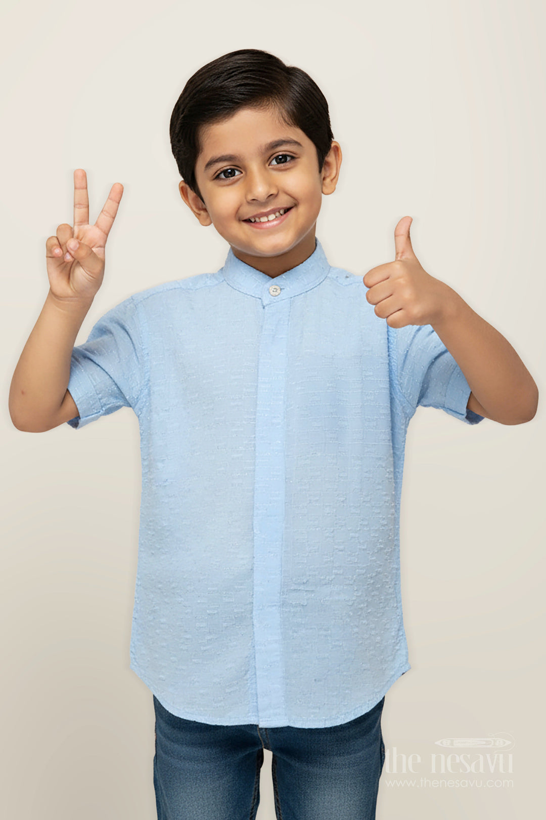 The Nesavu Boys Cotton Shirt Pastel Blue Shirt for Kids in Designer Georgette with Subtle Textured Weave and Mandarin Collar Nesavu 16 (1Y) / Blue BS292A-16 Nesavu Pastel Blue Shirt Kids Lightweight Designer Georgette Elegant Textured Finish