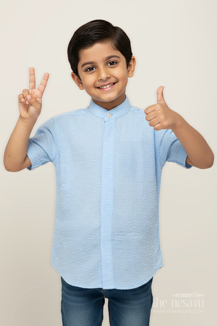 The Nesavu Boys Cotton Shirt Pastel Blue Shirt for Kids in Designer Georgette with Subtle Textured Weave and Mandarin Collar Nesavu 16 (1Y) / Blue BS292A-16 Nesavu Pastel Blue Shirt Kids Lightweight Designer Georgette Elegant Textured Finish