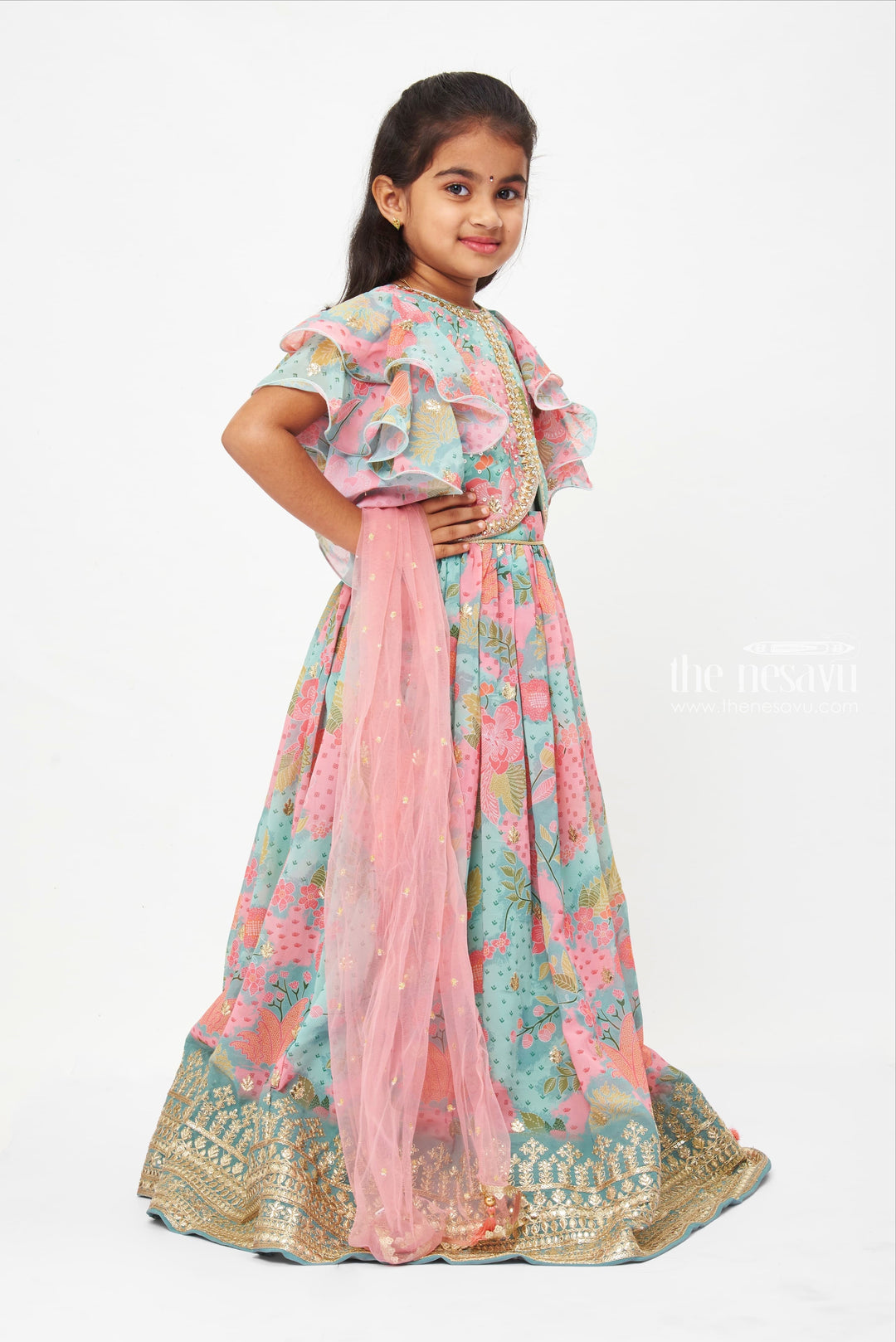 The Nesavu Girls Lehenga Choli Pastel Floral Lehenga Choli with Golden Border for Girls - Spring Festive Collection Nesavu Girls Pastel Floral Lehenga Choli with Golden Hem | Perfect for Spring Festivities | The Nesavu