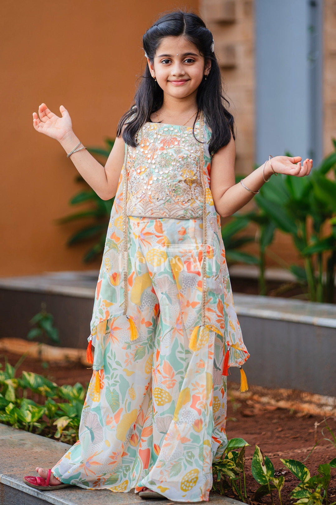 The Nesavu Girls Sharara / Plazo Set Pastel Girls Sharara Set with Floral Mirror-Work Crop Top and Matching Dupatta Nesavu Nesavu Pastel Floral Sharara Set Girls Mirror-Work Crop Top Tassel Dupatta