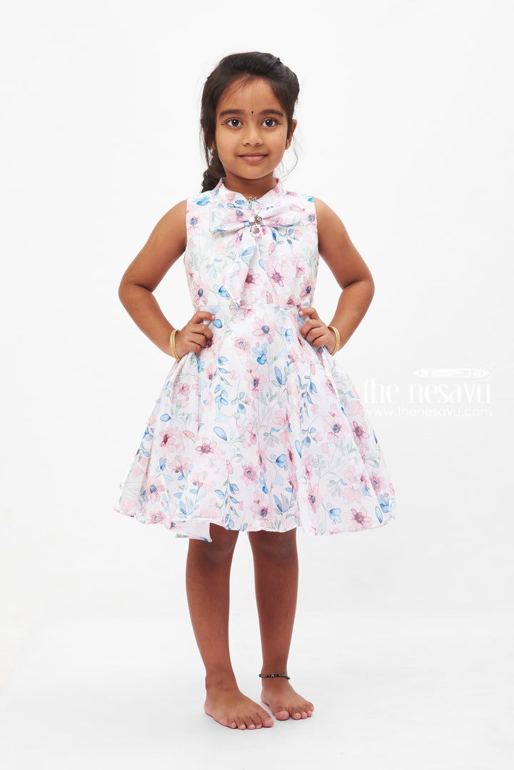 The Nesavu Girls Fancy Frock Pastel Petal Parade: Girls' Cream Sleeveless Floral Dress with Jewel Accent Nesavu 16 (1Y) / Pink GFC1187C-16 Casual Floral Dress for Girls | Sleeveless Cream Floral Frock | Kids Garden Party Wear | The Nesavu